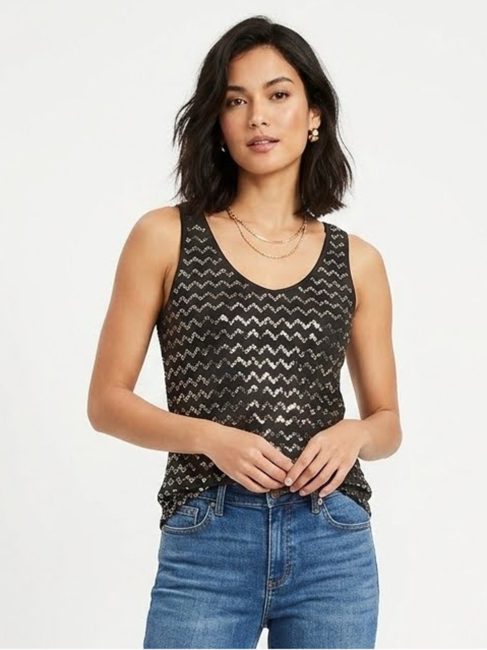 ANN TAYLOR LOFT Variegated Wavy Sequin Stripe Smoke Knit Tank S Small EUC $40 KL